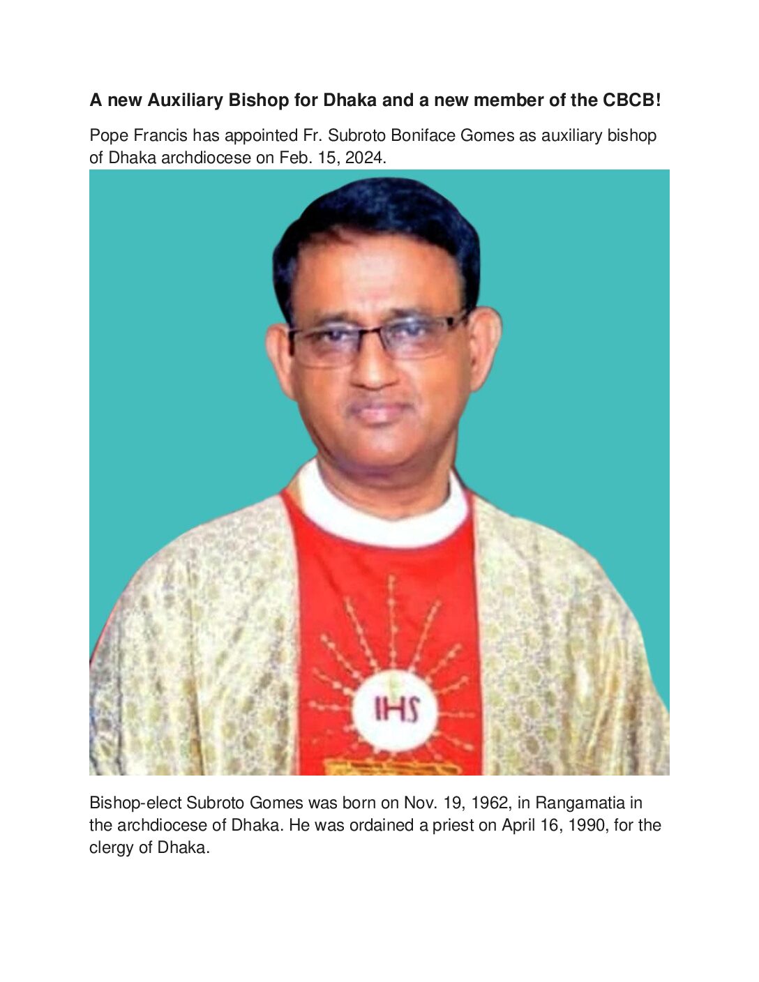 A new Auxiliary Bishop for Dhaka and a new member of the CBCB!